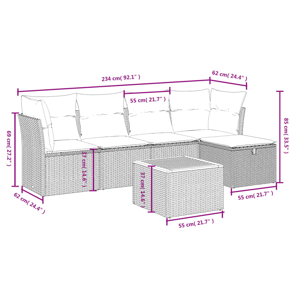 Set Divano Da Giardino 6 Pz Con Cuscini Grigio In Polyrattan