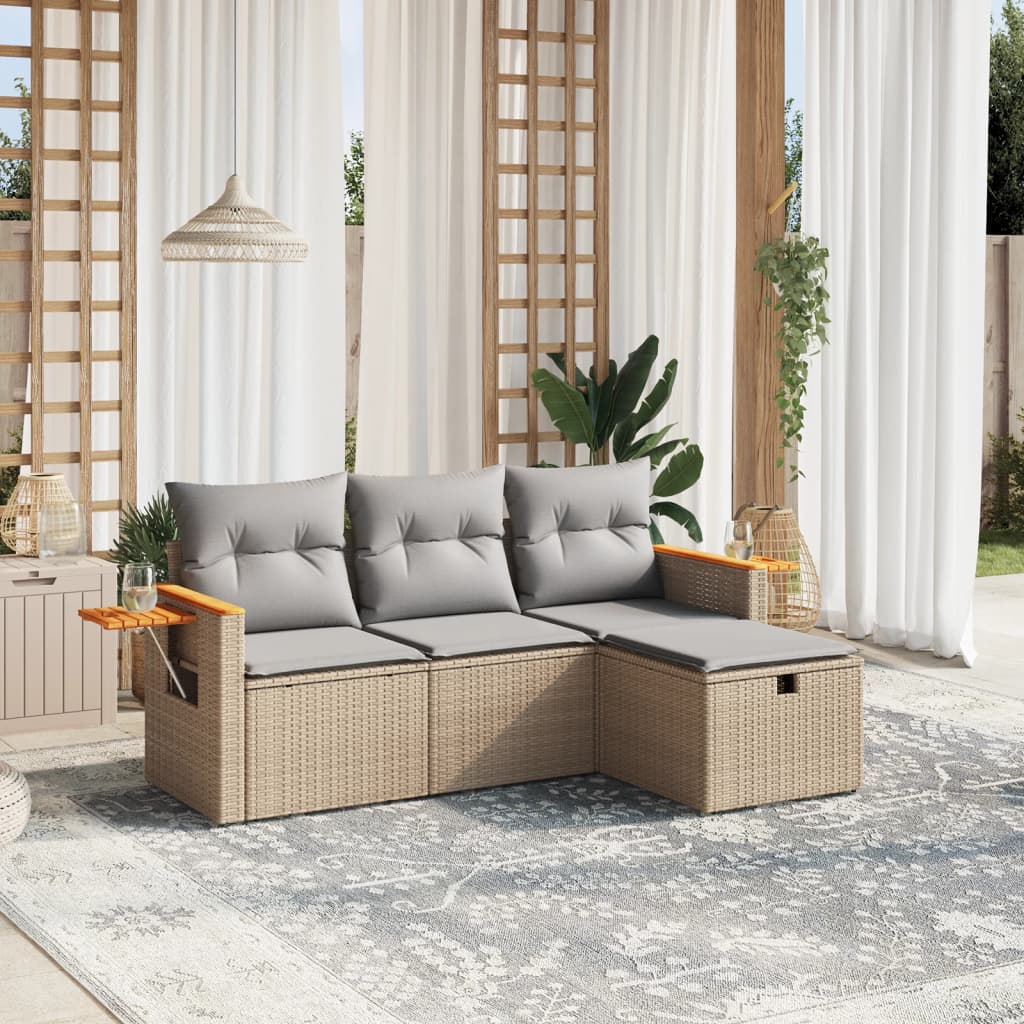 Set Divano Da Giardino 4 Pz Con Cuscini Beige Misto Polyrattan