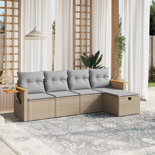 Set Divano Da Giardino 5 Pz Con Cuscini Beige Misto Polyrattan