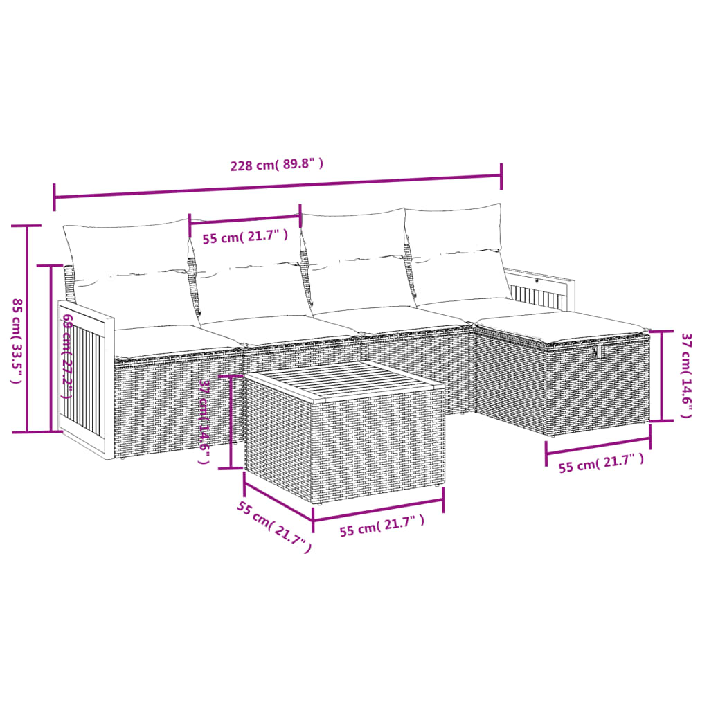 Set Divano Da Giardino 6 Pz Con Cuscini Nero In Polyrattan