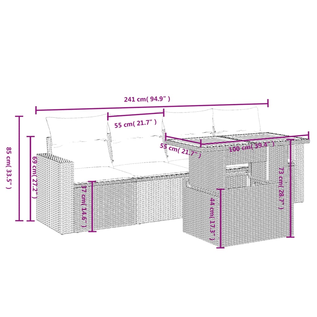 Set Divano Da Giardino 5 Pz Con Cuscini Grigio In Polyrattan