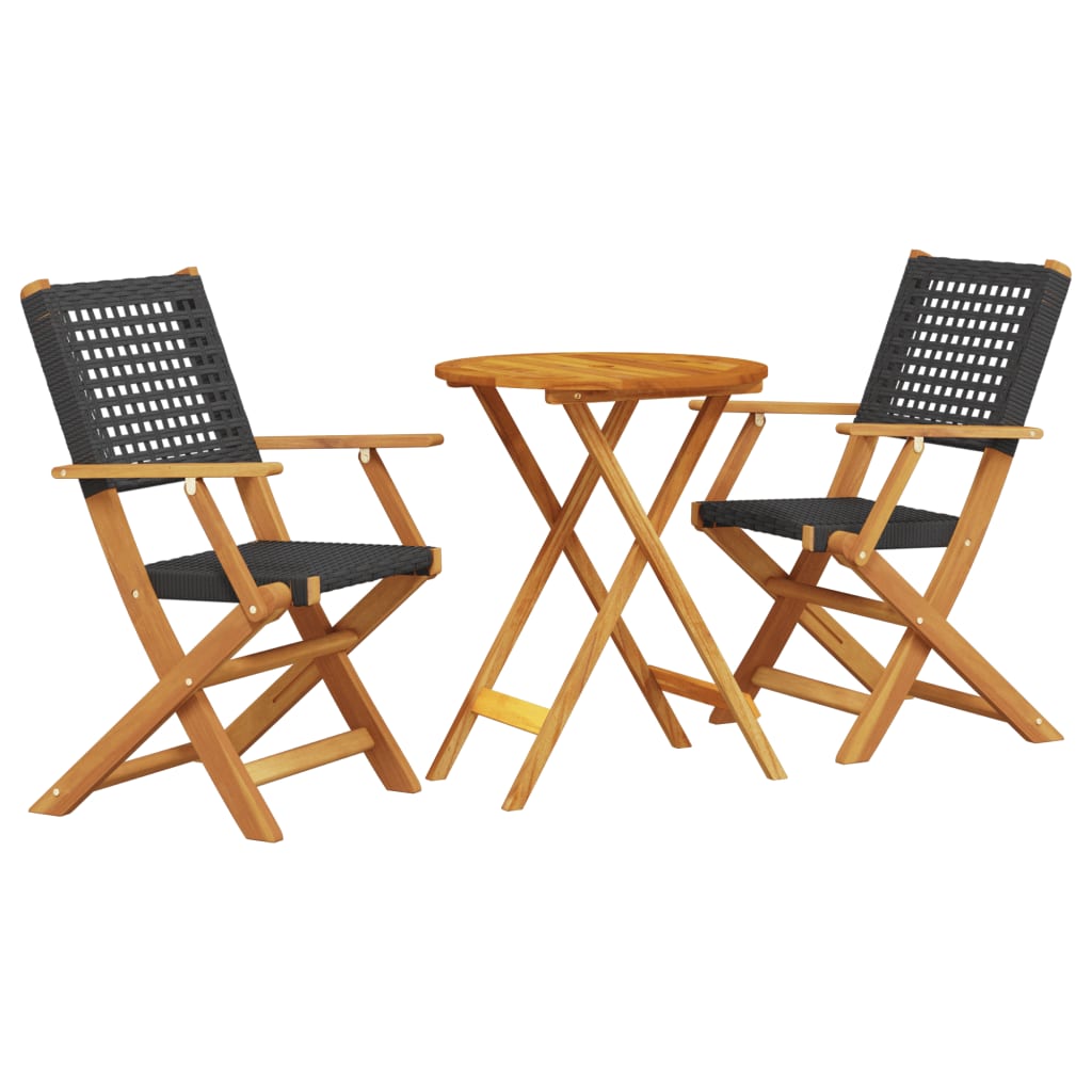 Set Da Bistrot 3 Pz Nero In Polyrattan E Legno Massello