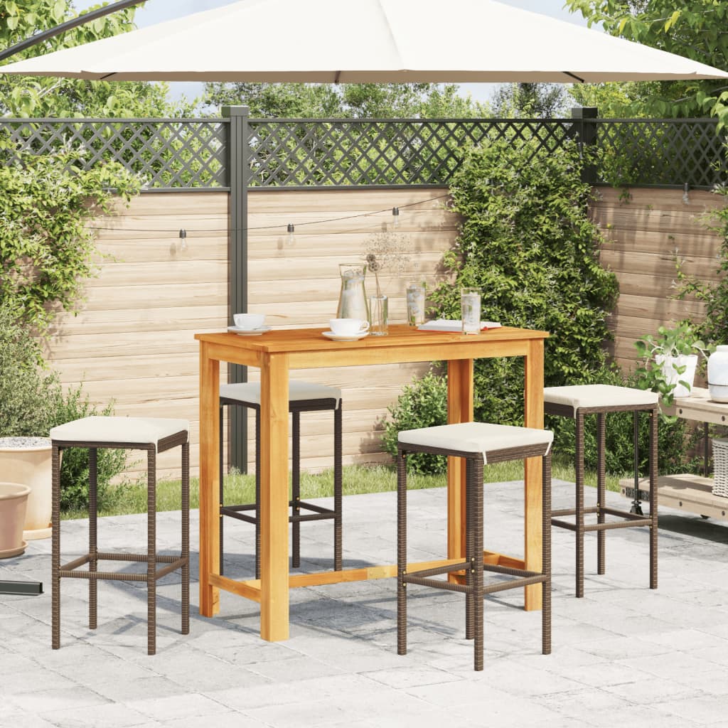 Set Bar Giardino 5pz Marrone Legno Massello Acacia E Polyrattan