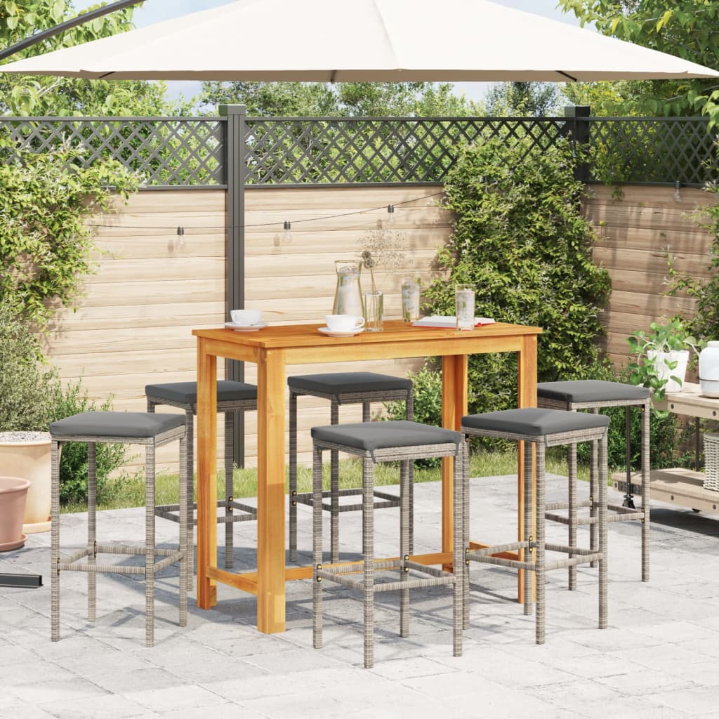 Set Bar Da Giardino 7 Pz Grigio In Legno Acacia E Polyrattan