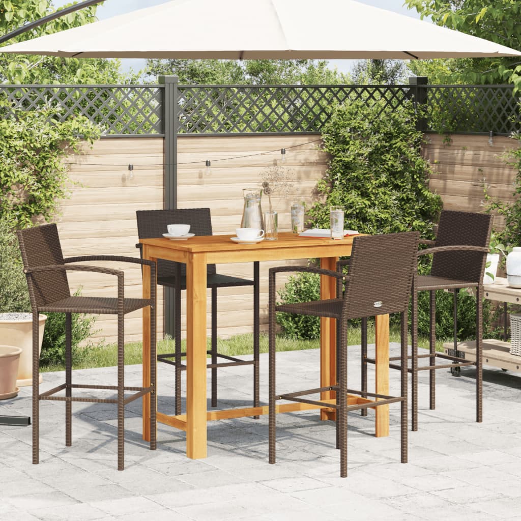 Set Bar Giardino 5pz Marrone Legno Massello Acacia E Polyrattan