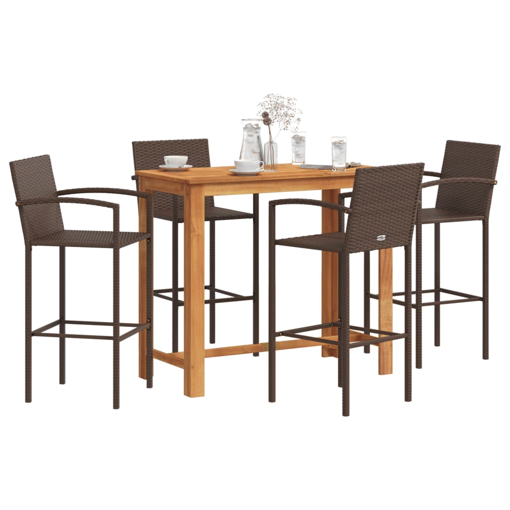 Set Bar Giardino 5pz Marrone Legno Massello Acacia E Polyrattan