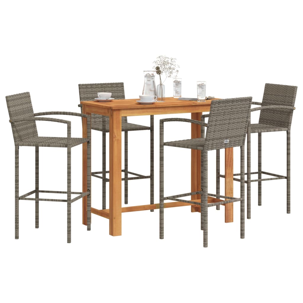 Set Bar Giardino 5pz Grigio Legno Massello Acacia E Polyrattan