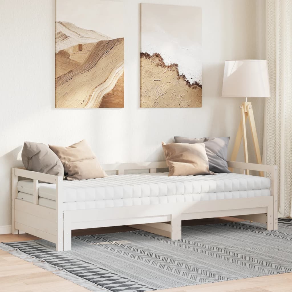 Divano Letto Con Rotelle E Materasso Bianco 90x190cm Legno Pino