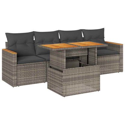 Set Divano Giardino 5 Pz Con Cuscini Grigio Polyrattan Acacia